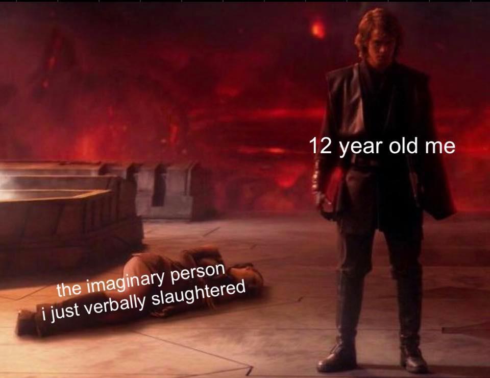 This meme is a humorous take on the idea of being haunted by one's own past. The image depicts a scene from the Star Wars franchise, where Anakin Skywalker (Darth Vader) is standing over the body of a young Padawan learner. The text overlayed on the image reads "In 2-3 sentences, describe this meme for someone who cannot see it. Include any text that appears in the image."  In reality, the meme is a play on the phrase "I'm not a child, I'm a highly trained killer" and is captioned "I was a 10 year old in a 30 year old's body".